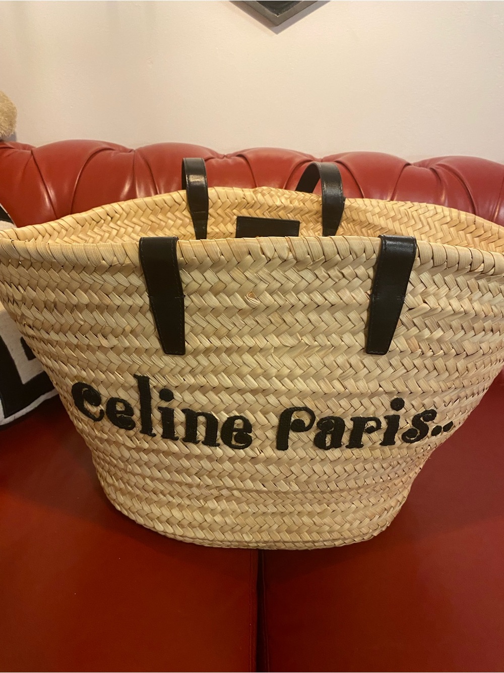 Celine Natural Straw Tote with Black Leather Handles
